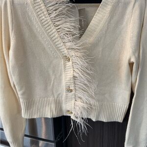J Crew Cream Cardigan with Feather Detail
